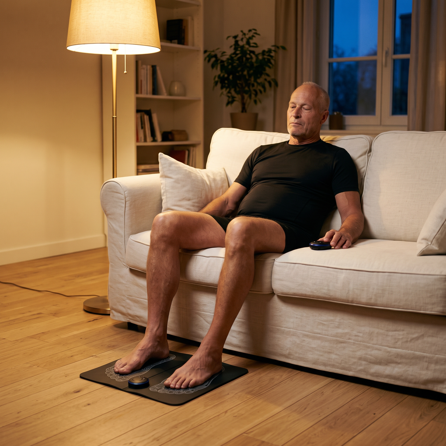 Tapis de massage EMS déplié devant le canapé pour soulager les pieds lourds