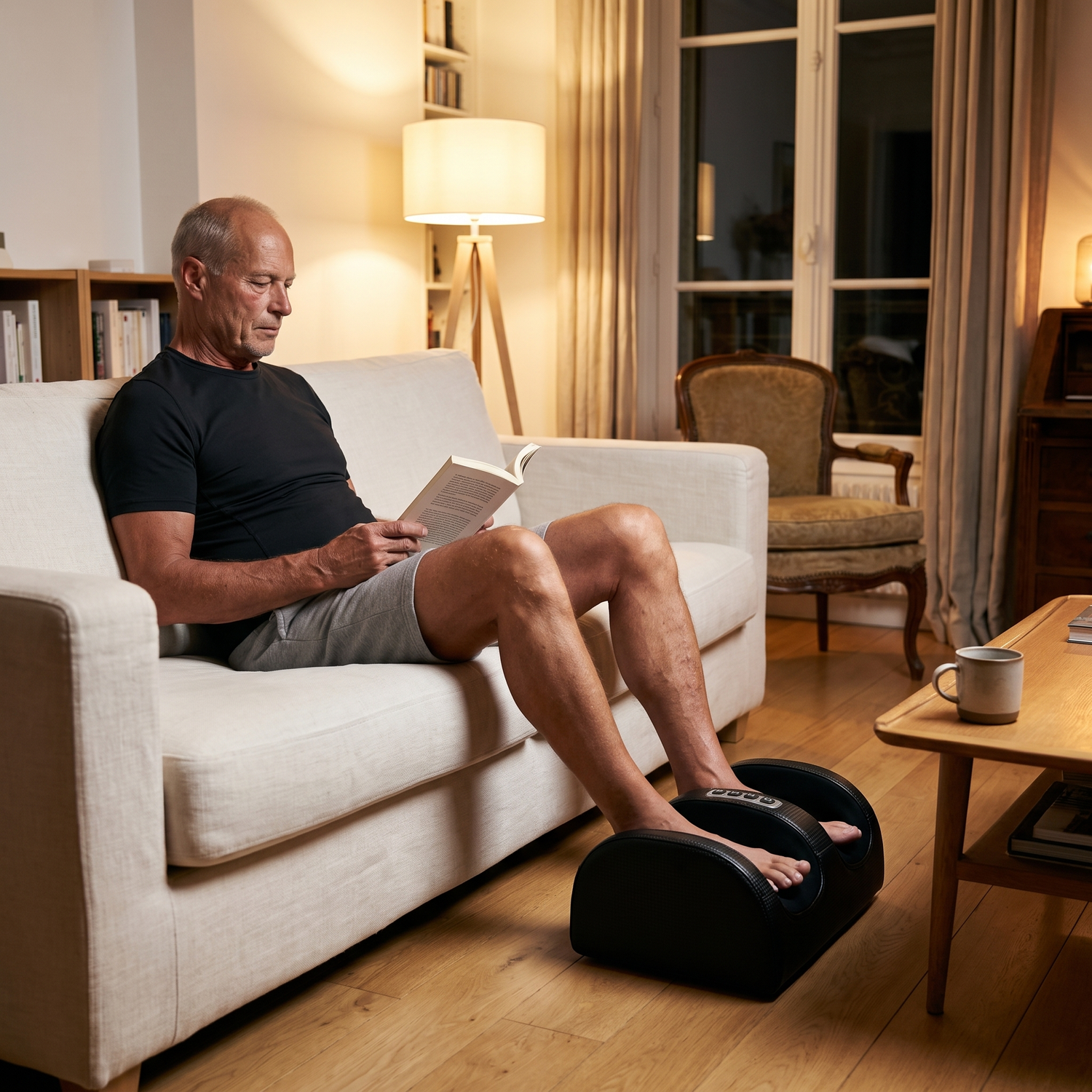 Masseur de pieds shiatsu chauffant utilisé sous le bureau en fin de journée