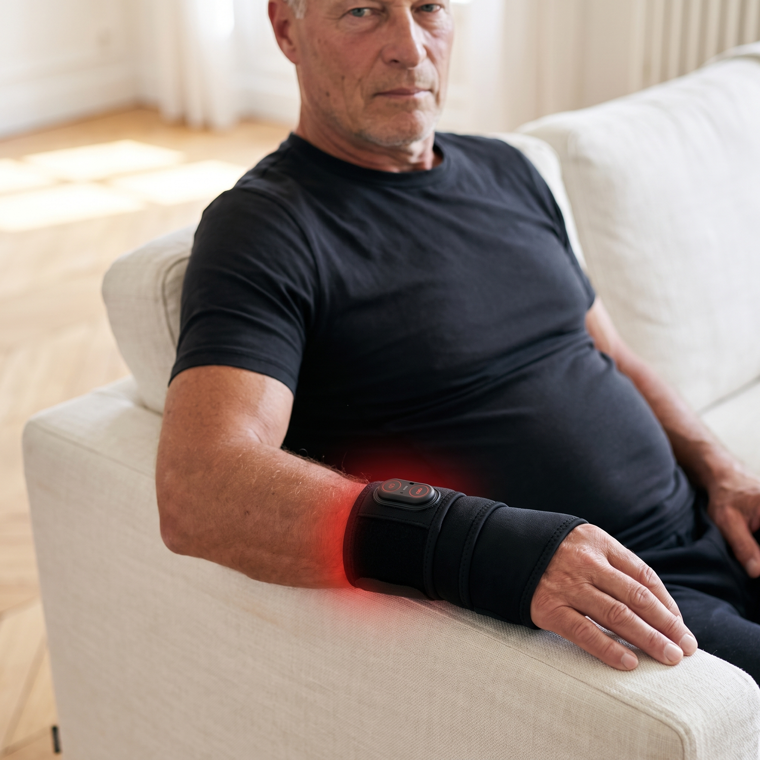 Homme portant l'attelle chauffante infrarouge au poignet, assis dans son salon