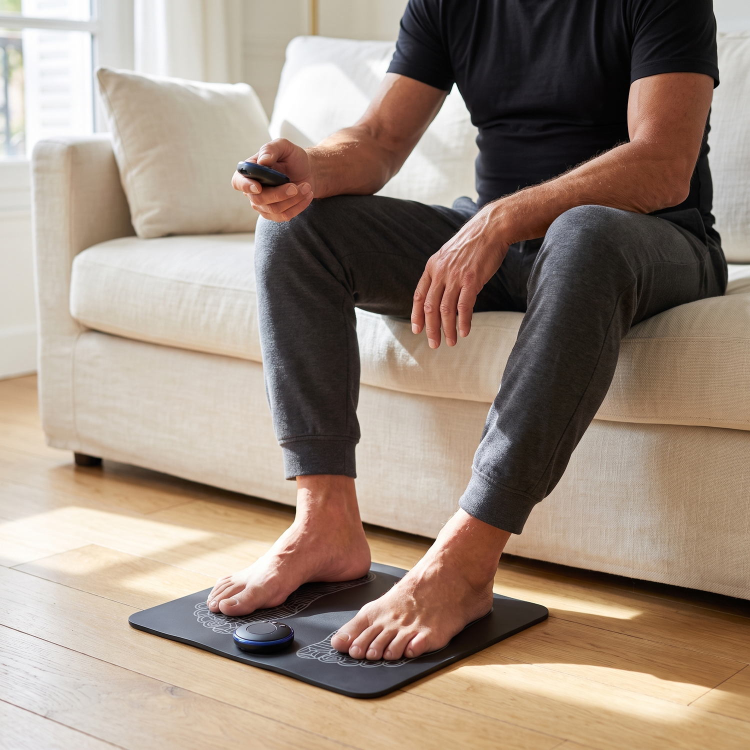 Homme utilisant le tapis de massage EMS pour les pieds, assis sur son canapé