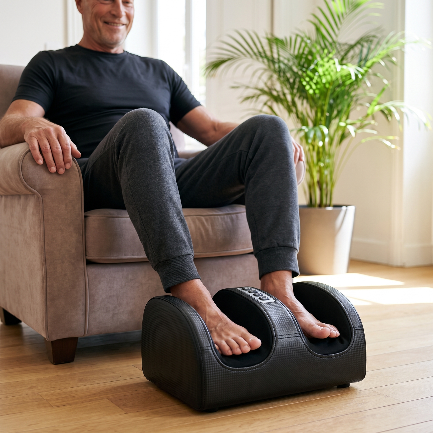 Homme utilisant le masseur de pieds shiatsu chauffant, assis dans son salon