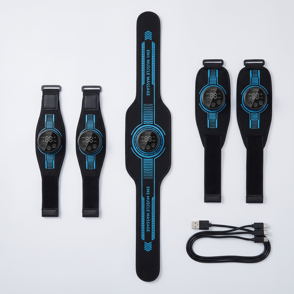 Kit EMS complet Le Sport Français : ceinture abdominale, 2 brassards, 2 cuissards avec leurs boîtiers et câble USB 3-en-1