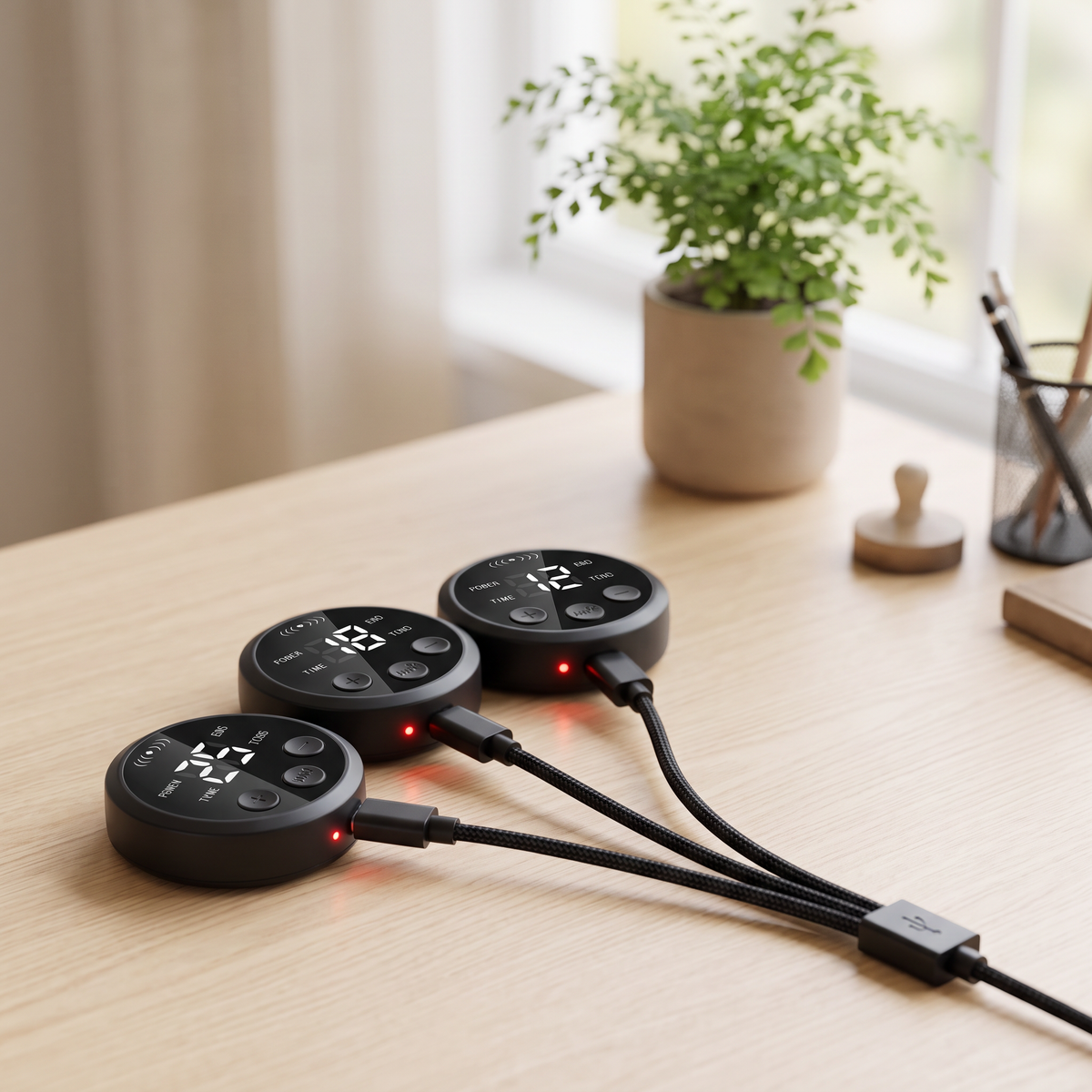 Trois boîtiers du kit EMS en charge sur le câble USB 3-en-1