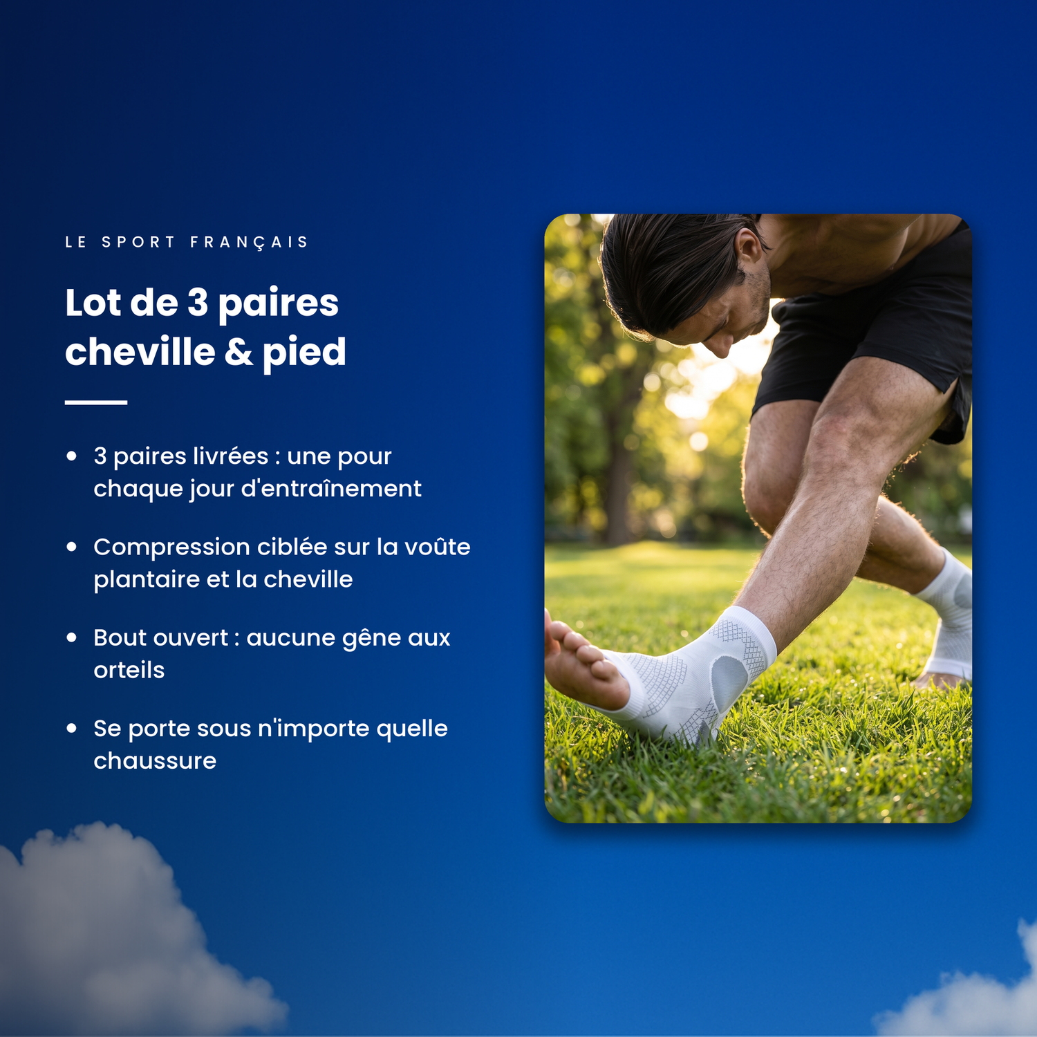 Points forts du lot de 3 manchons de compression cheville et pied blancs : compression ciblée, bout ouvert