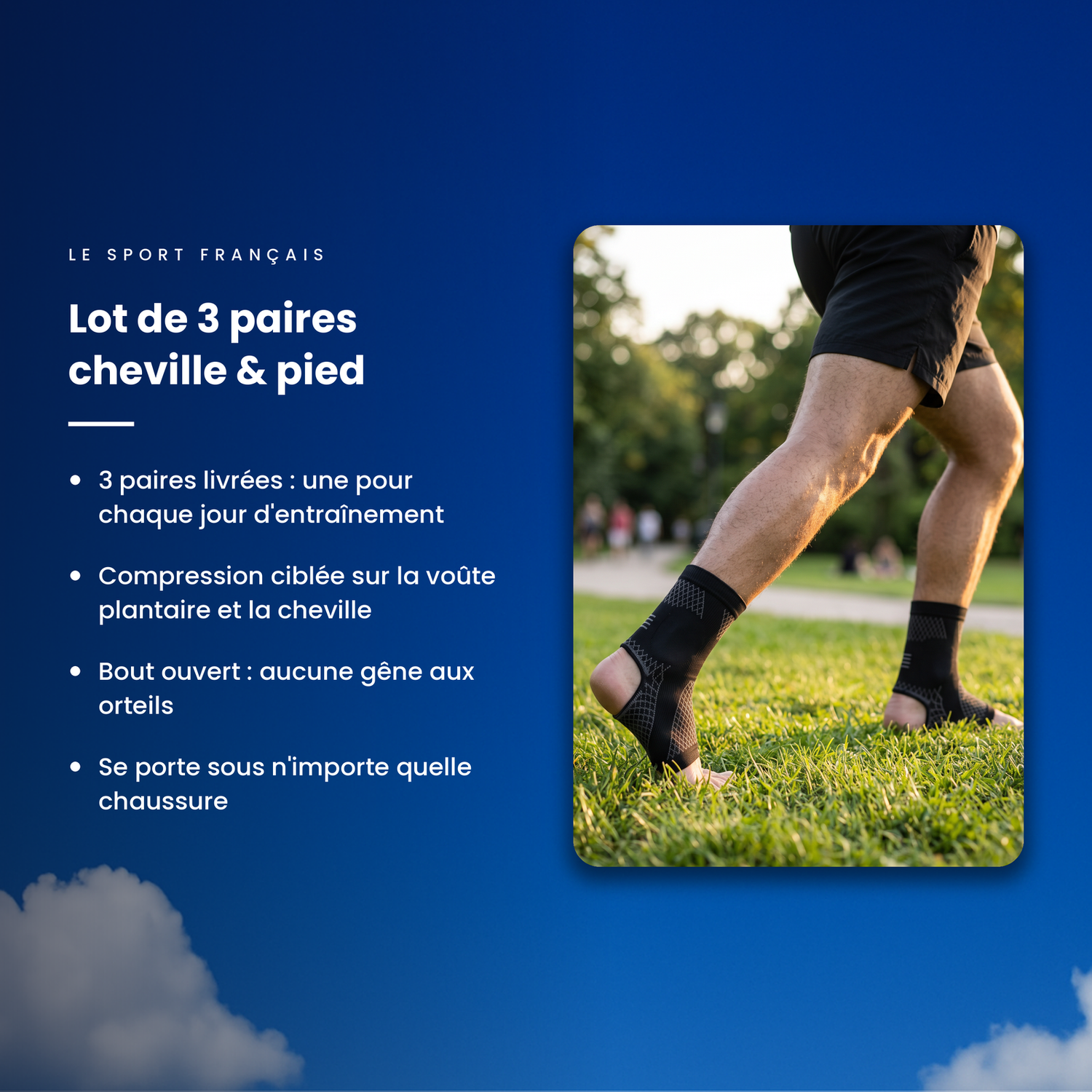 Points forts du lot de 3 manchons de compression cheville et pied noirs : compression ciblée, bout ouvert