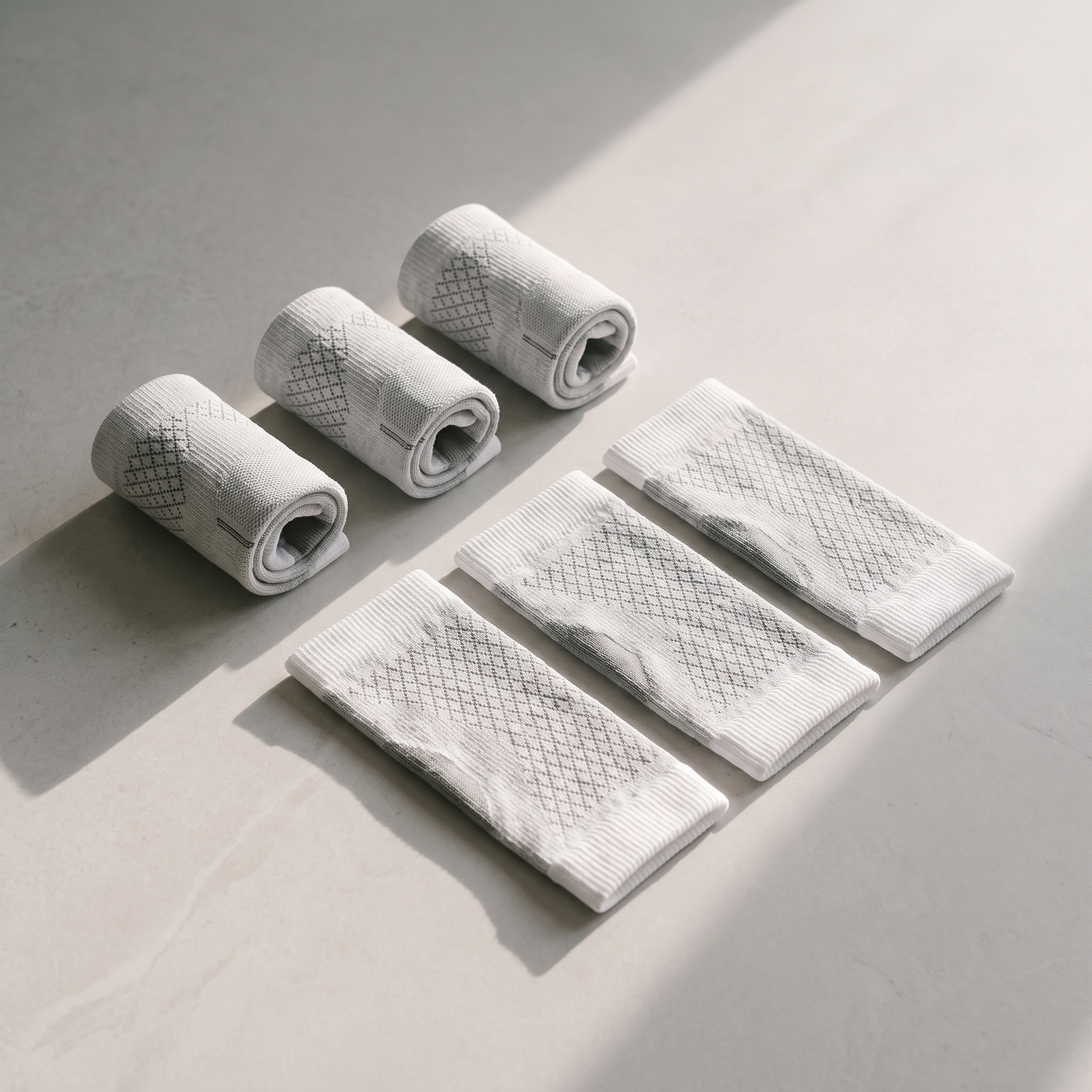 Trois paires de manchons de compression cheville blancs présentées à plat avec chaussures de running