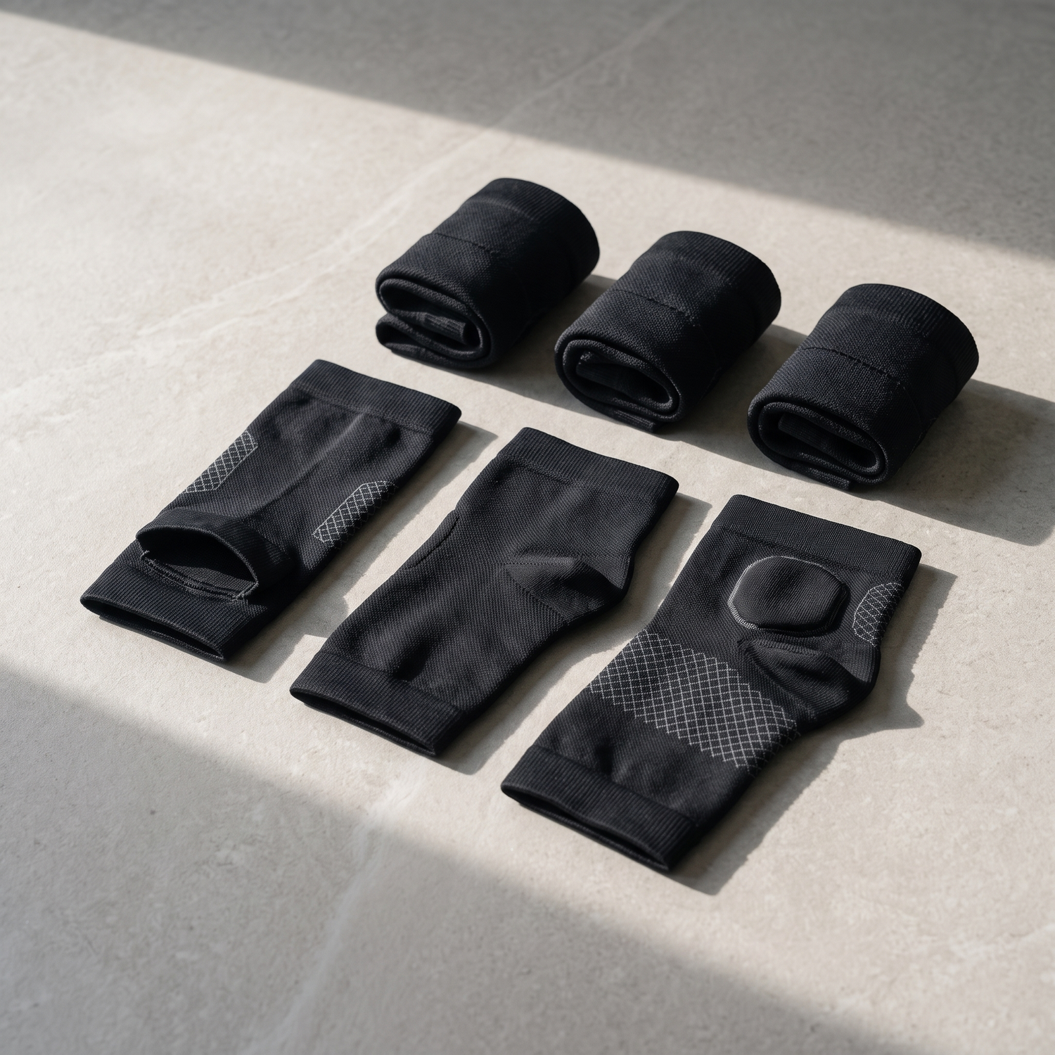 Trois paires de manchons de compression cheville noirs présentées à plat avec chaussures de running