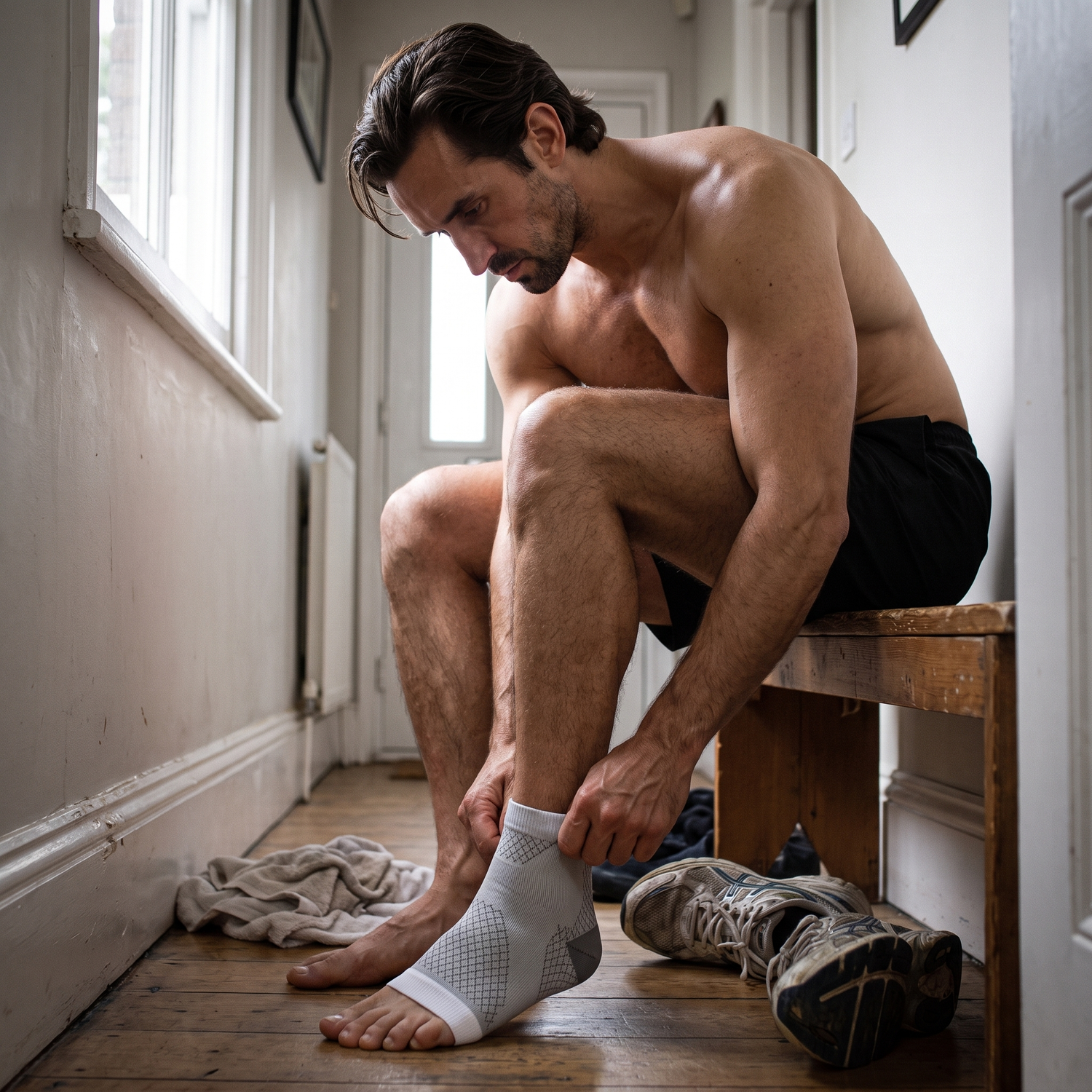 Homme enfilant le manchon de compression cheville blanc Le Sport Français