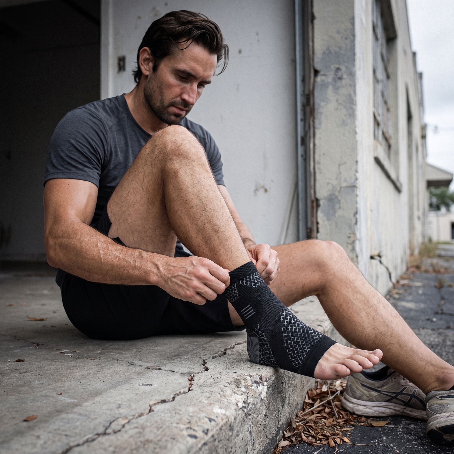 Homme enfilant le manchon de compression cheville noir Le Sport Français