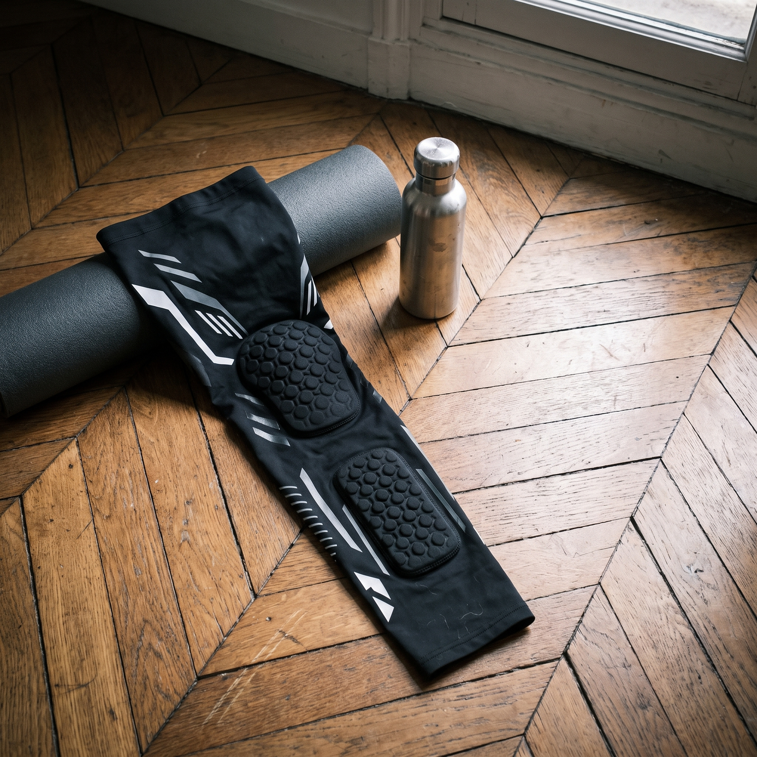 Manchon de compression jambe posé à plat, maille respirante à séchage rapide