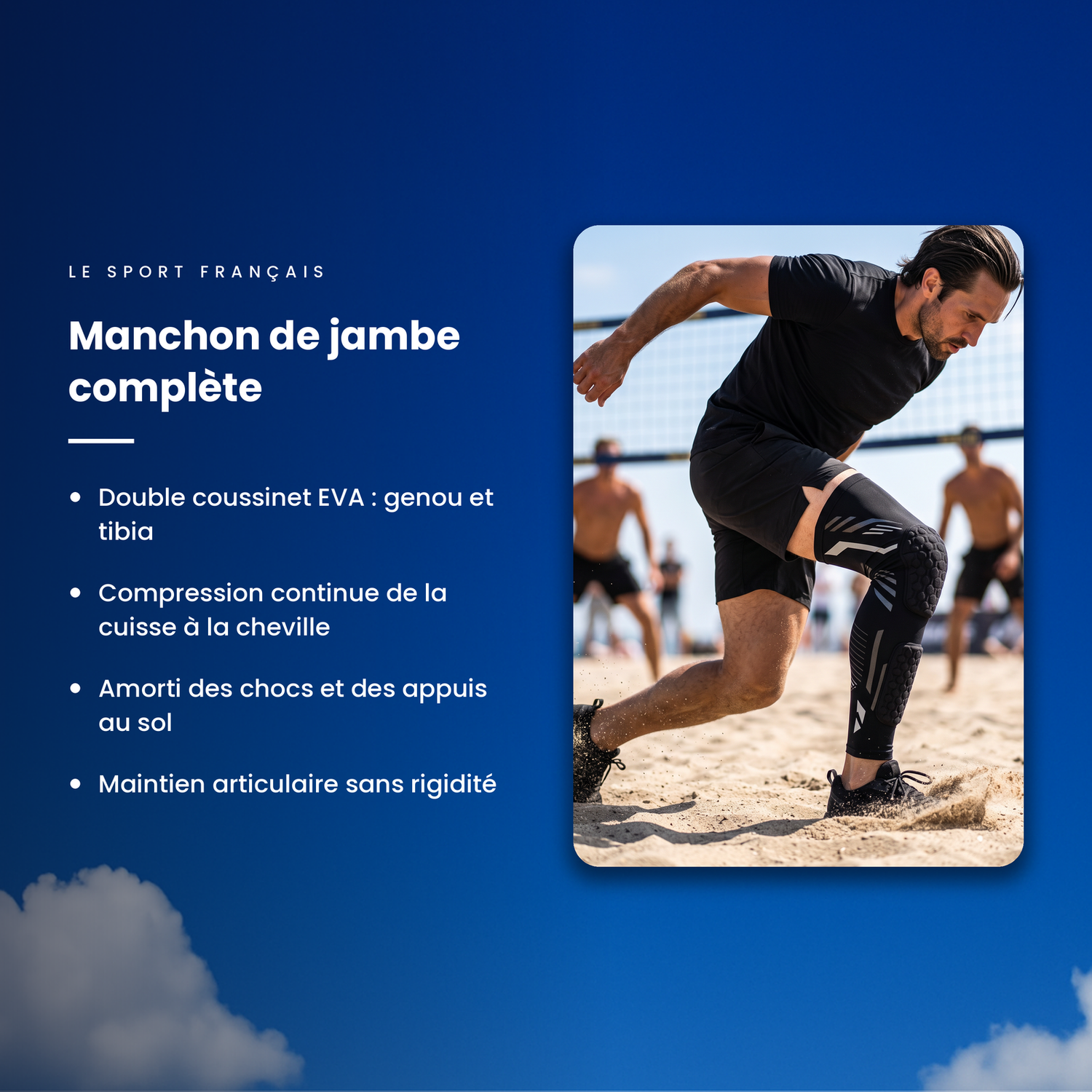 Points forts du manchon de compression jambe complète avec double coussinet EVA genou et tibia
