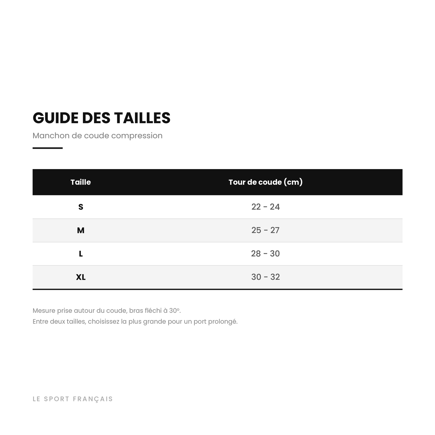 Guide des tailles du manchon de coude compression, du S au XL