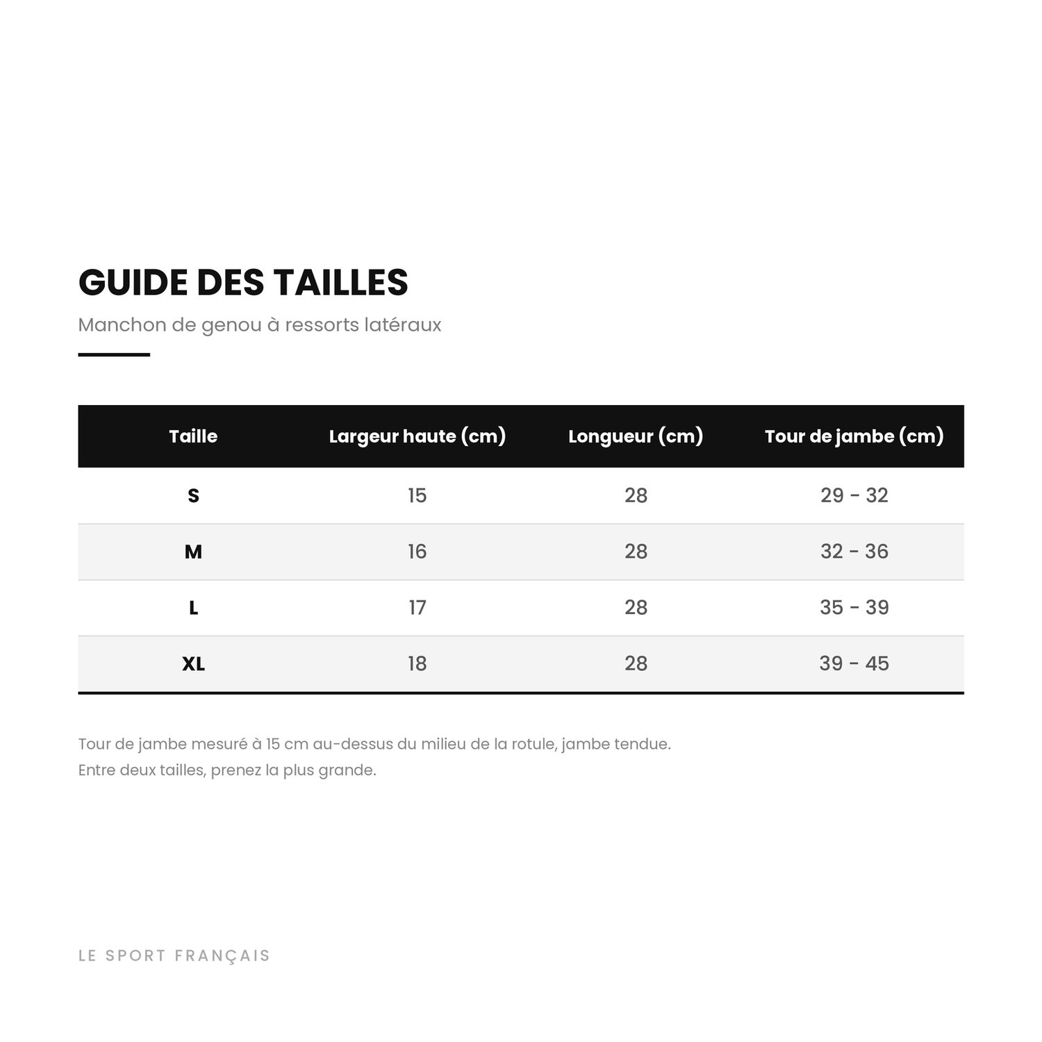 Guide des tailles du manchon de genou à ressorts, du S au XL
