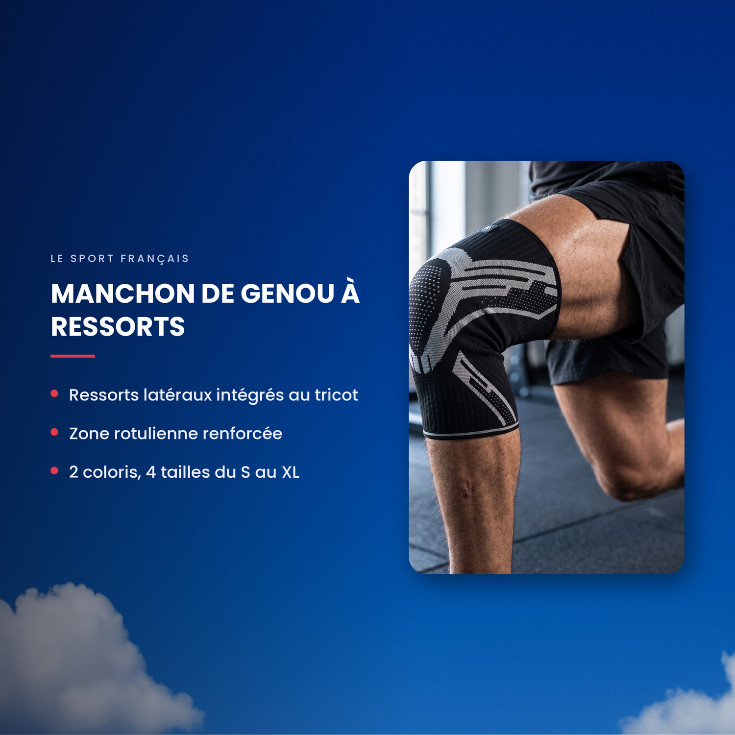 Points forts du manchon de genou : ressorts latéraux intégrés, zone rotulienne renforcée, 2 coloris et 4 tailles