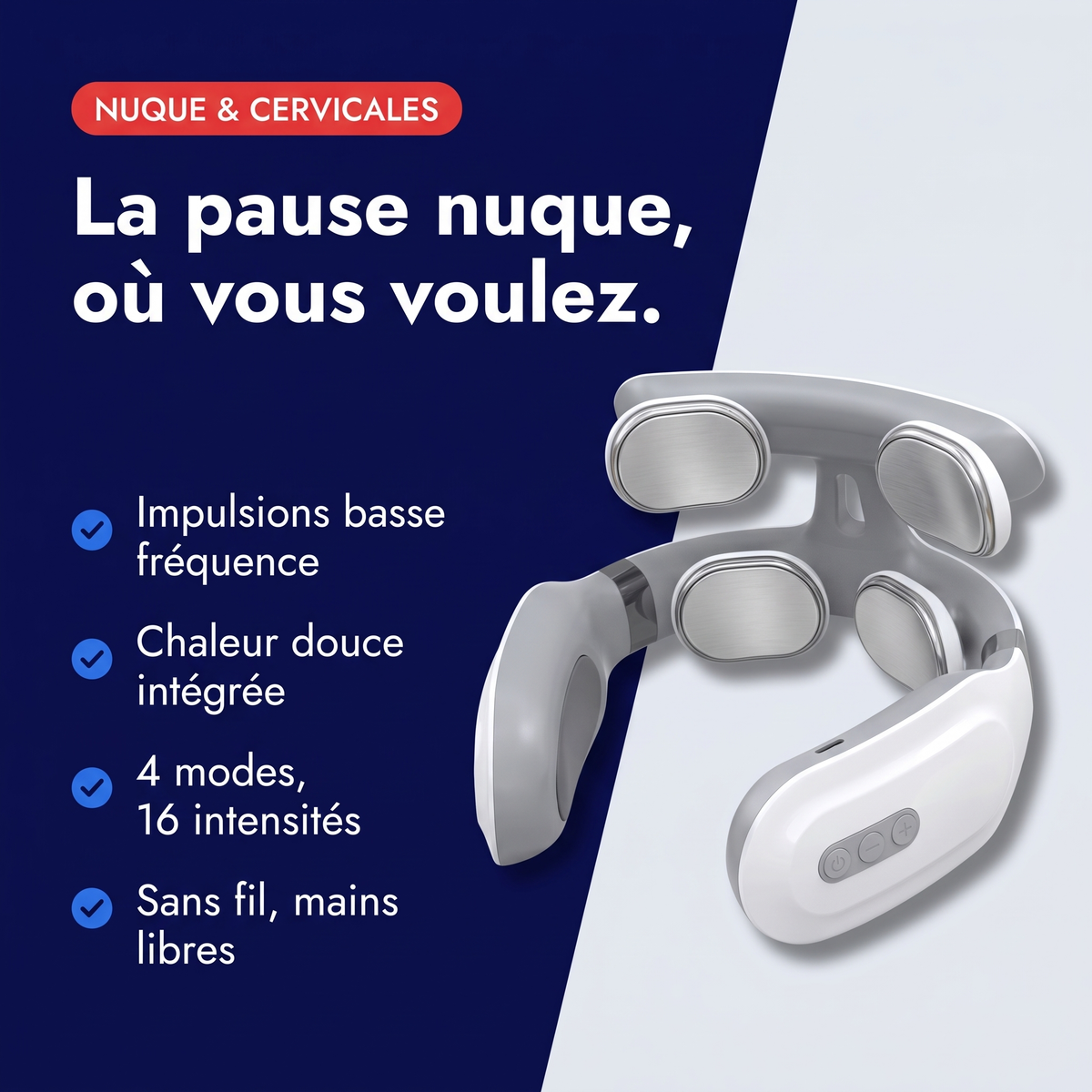 Bénéfices du masseur cervical : impulsions basse fréquence, chaleur douce, 4 modes, 16 intensités, sans fil