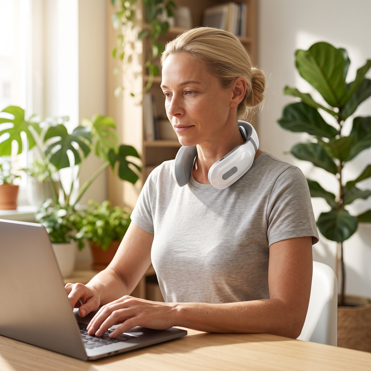 Femme portant le masseur cervical électrique autour du cou en télétravail, mains libres