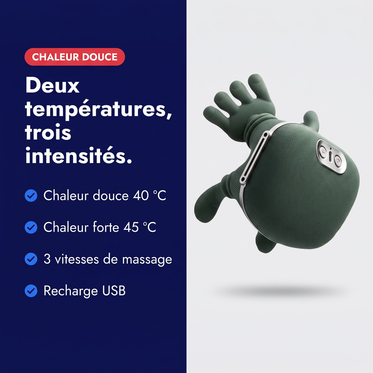 Réglages du masseur nuque et épaules : chaleur 40 °C ou 45 °C, 3 vitesses de massage, recharge USB
