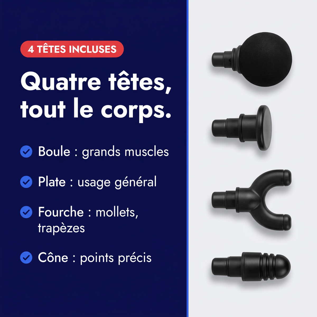 Les 4 têtes du mini pistolet de massage : boule, plate, fourche et cône