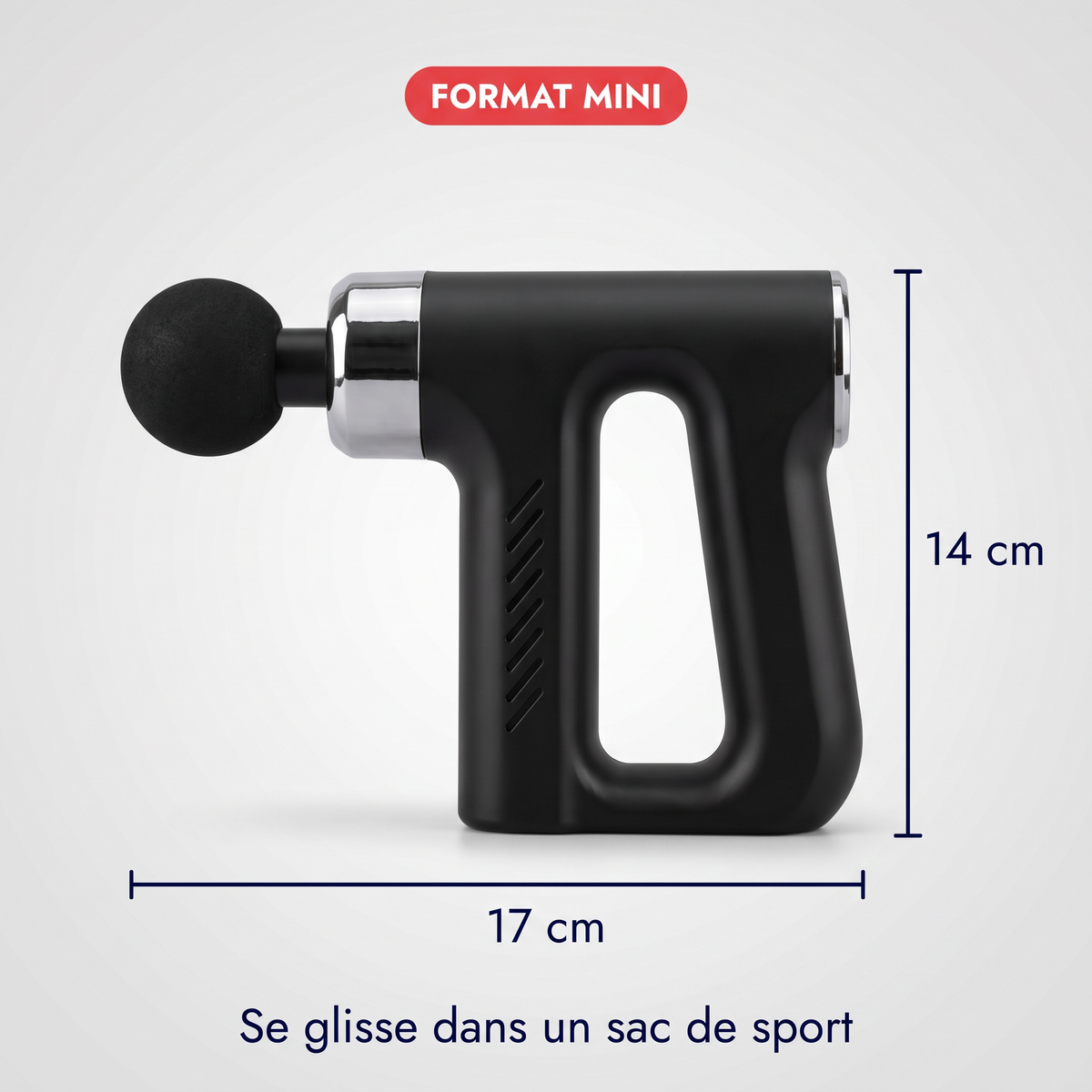 Dimensions du mini pistolet de massage : 17 cm de long sur 14 cm de haut