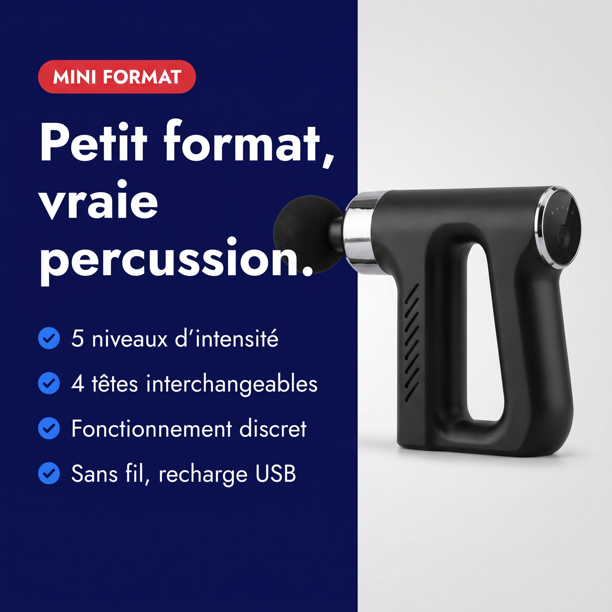 Bénéfices du mini pistolet de massage : 5 niveaux d'intensité, 4 têtes, fonctionnement discret, recharge USB
