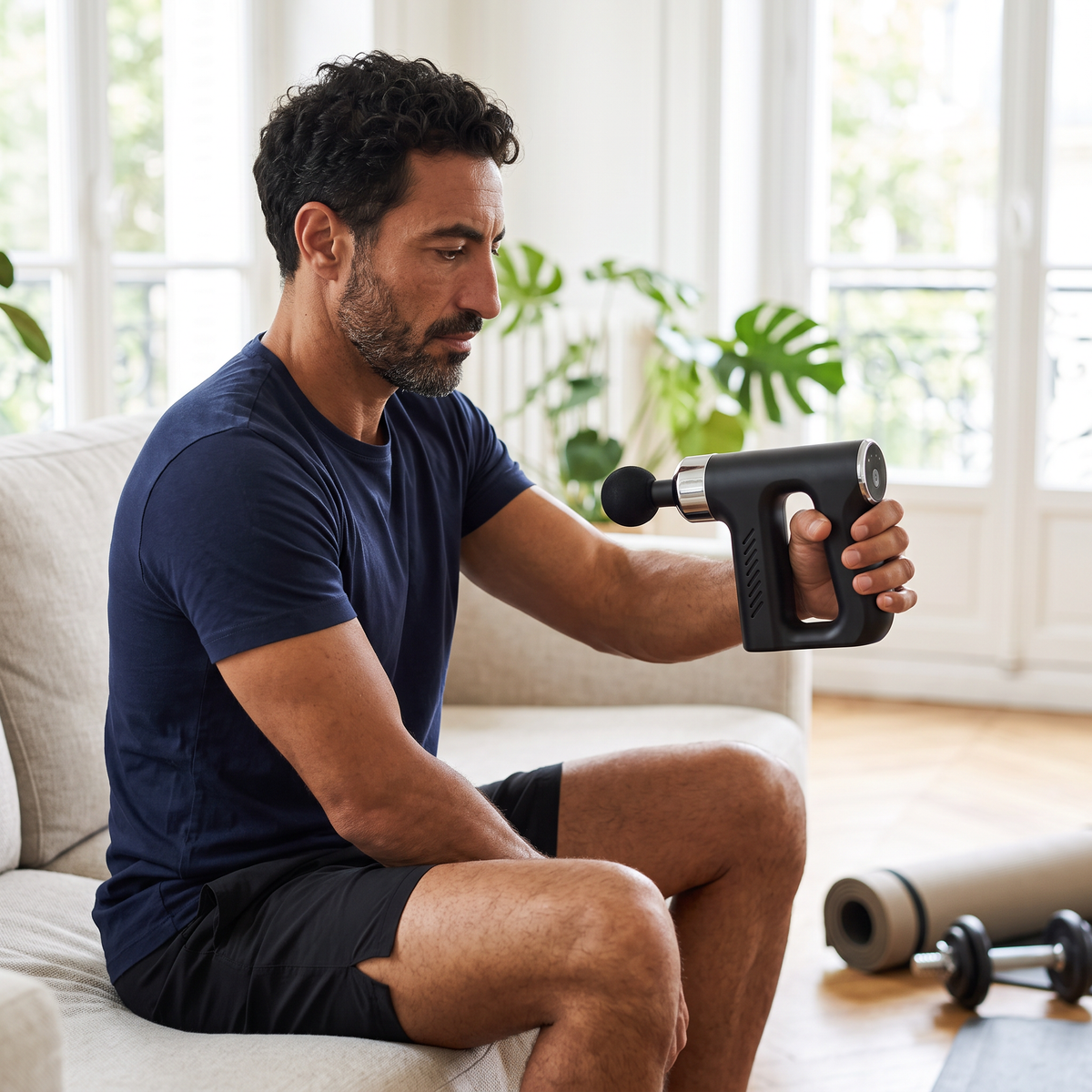 Homme tenant le mini pistolet de massage d'une seule main par sa poignée fermée, dans son salon