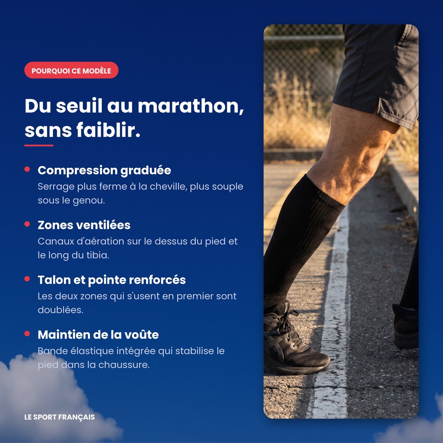 Points forts chaussettes running compression mi-mollet noir gris