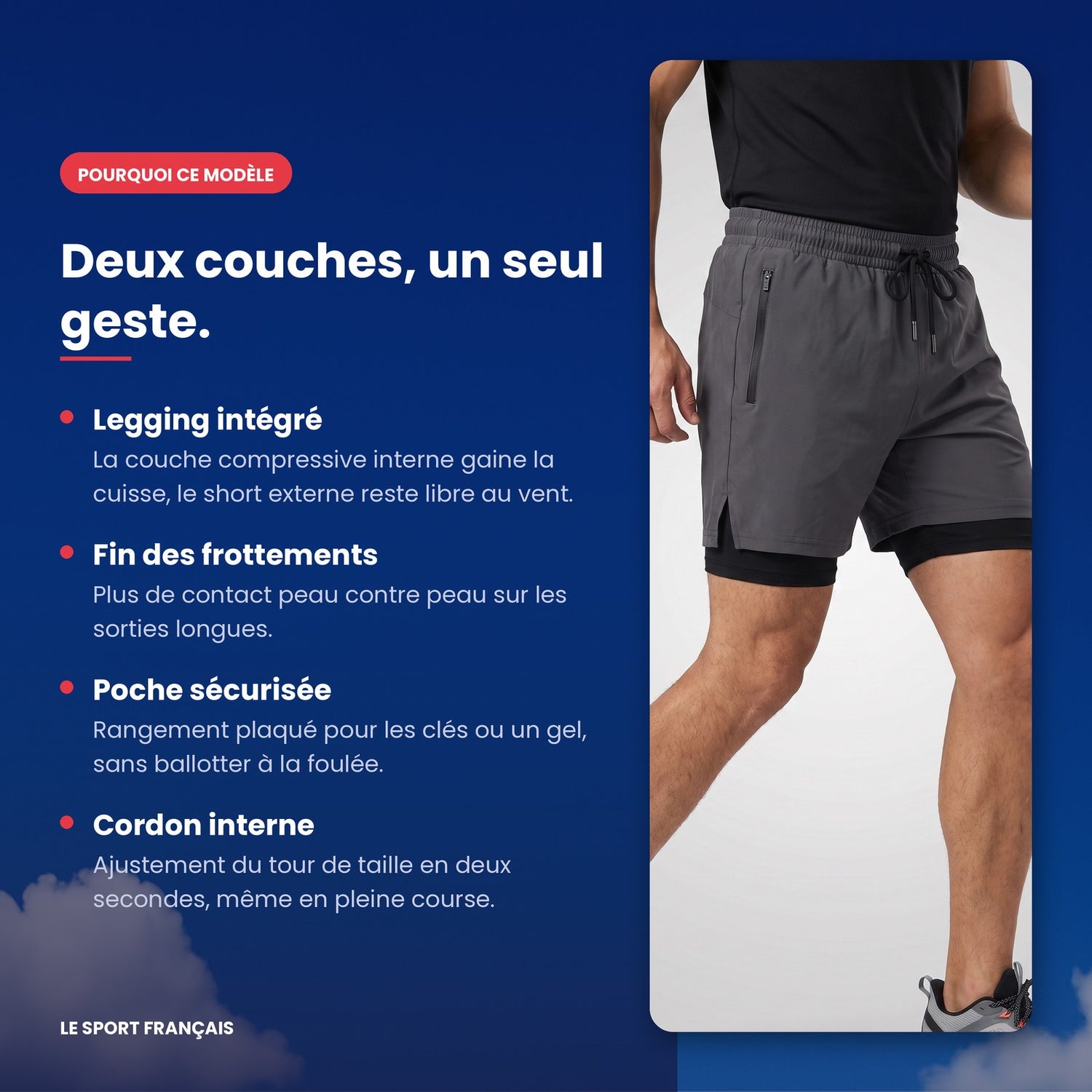 Points forts du short de running 2-en-1 avec legging intégré