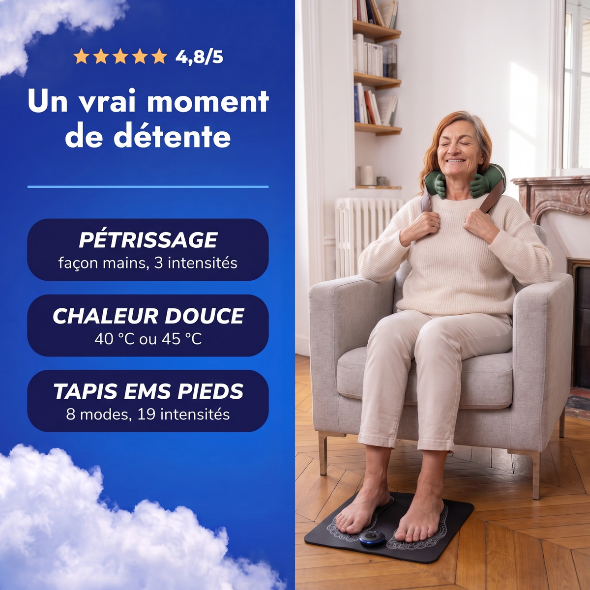 Masseur nuque & épaules et tapis EMS pieds utilisés ensemble