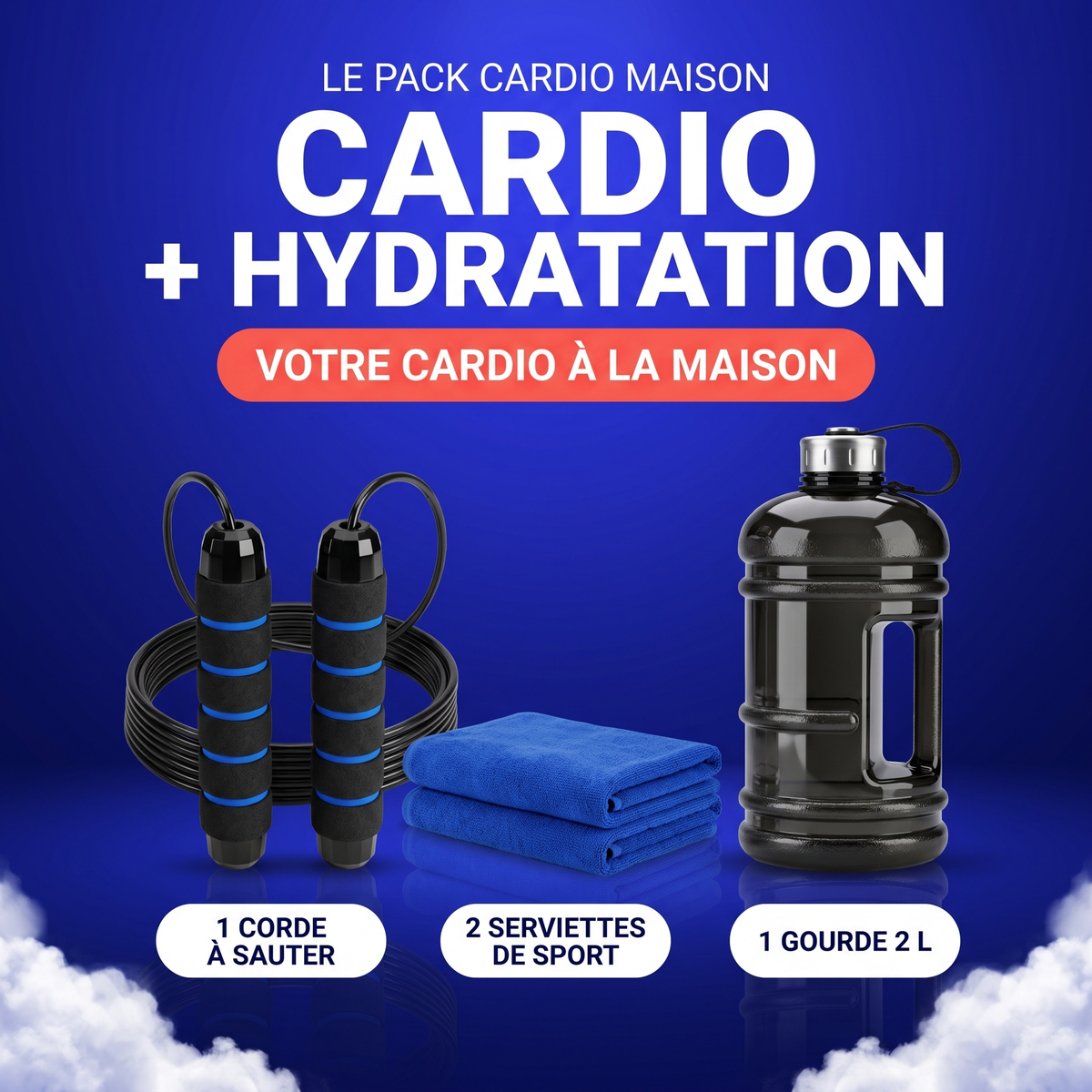 Pack Cardio Maison : corde à sauter, 2 serviettes et gourde 2 L