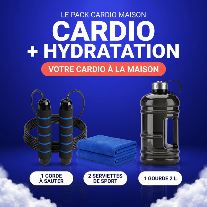 Pack Cardio Maison : corde à sauter, 2 serviettes et gourde 2 L