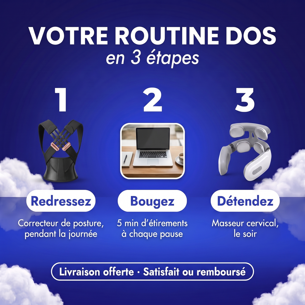 Routine dos en 3 étapes : correcteur, étirements, masseur cervical