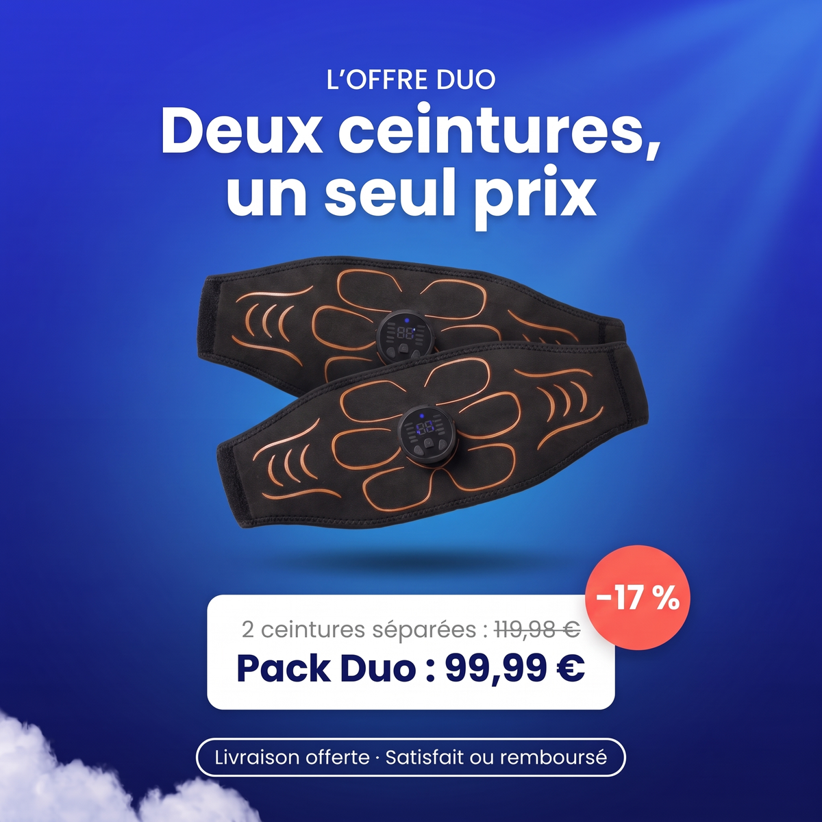 Offre Pack Duo : 2 ceintures EMS pour 99,99 € au lieu de 119,98 €, livraison offerte