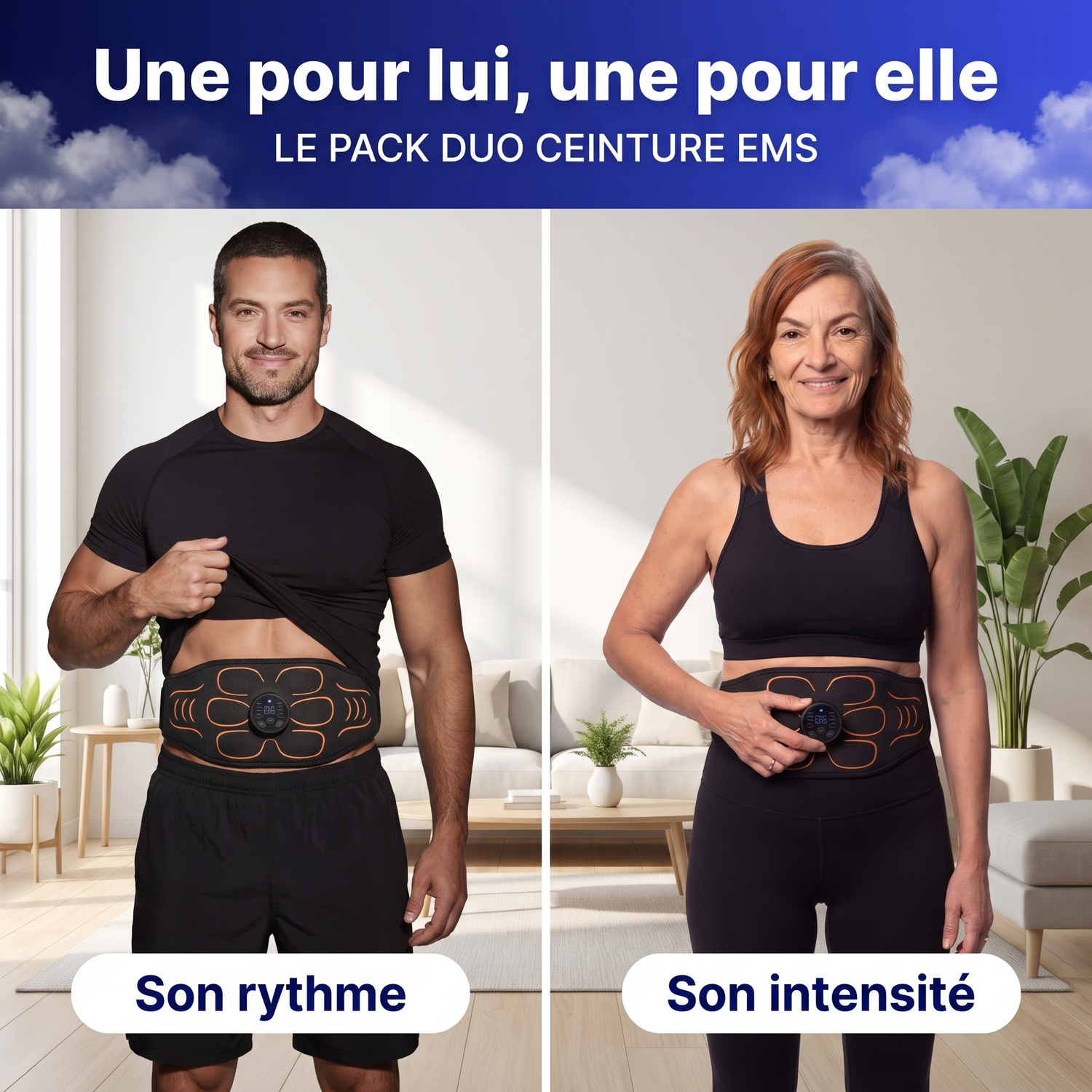 Une ceinture EMS pour lui, une pour elle : homme et femme portant chacun la ceinture abdominale EMS à la maison