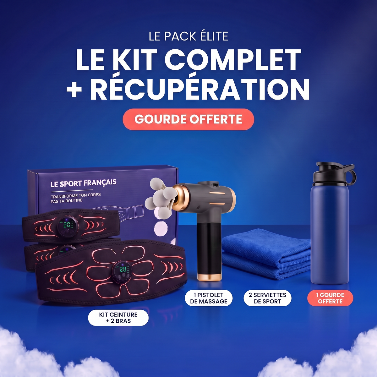 Pack Élite : kit ceinture EMS + bras, pistolet de massage, serviettes et gourde offerte