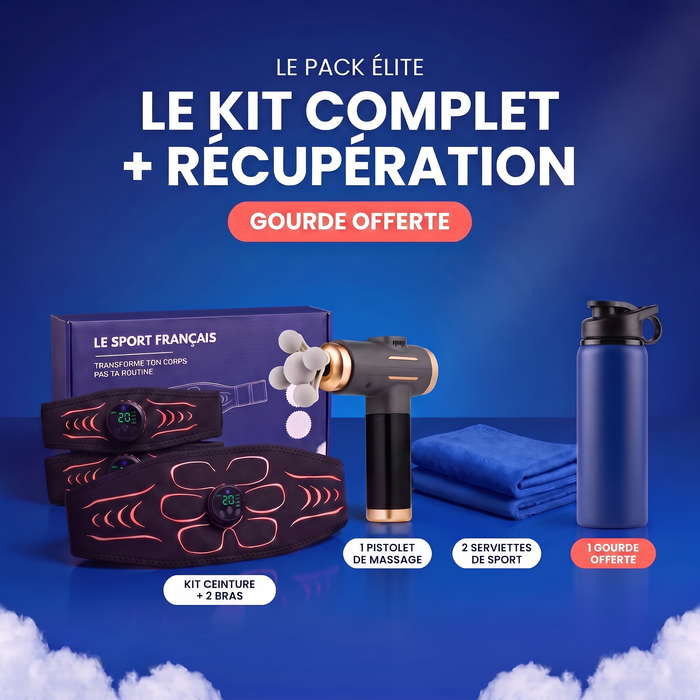 Pack Élite : kit ceinture EMS + bras, pistolet de massage, serviettes et gourde offerte