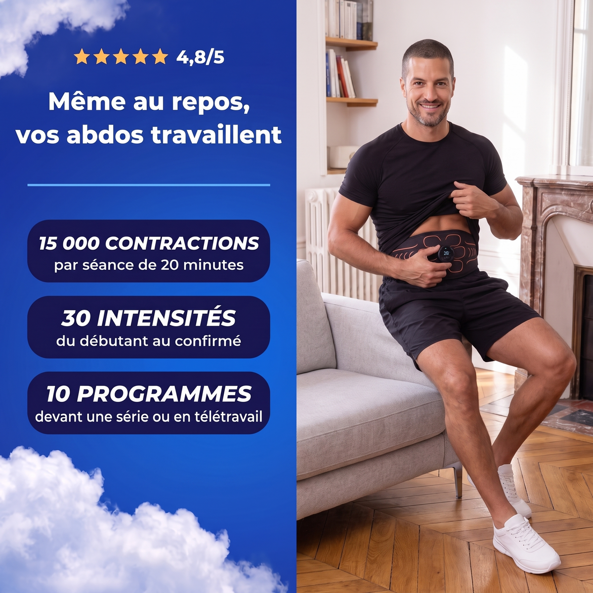 Ceinture abdominale EMS portée au repos sur le canapé