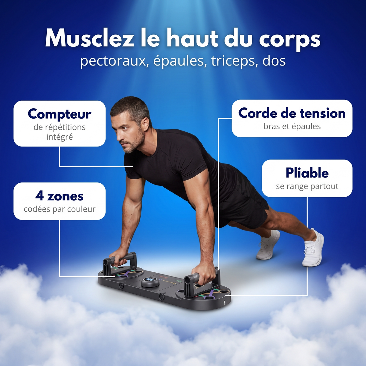 Pompes sur la planche multifonction : pectoraux, épaules, triceps et dos