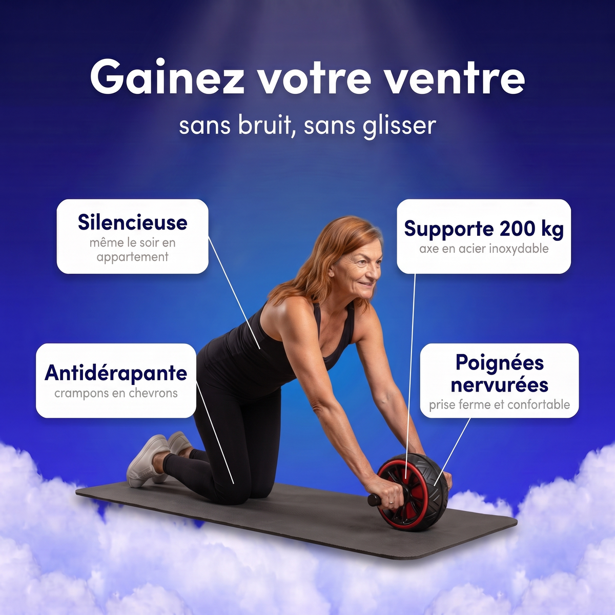 Gainage avec la roue abdominale silencieuse et antidérapante