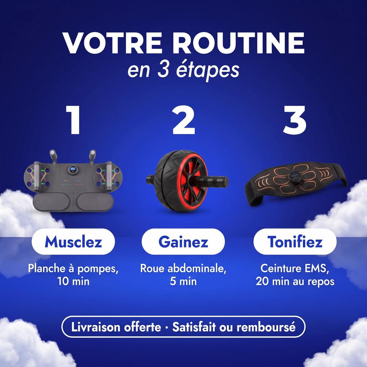 Routine Home Gym en 3 étapes : planche, roue abdominale, ceinture EMS