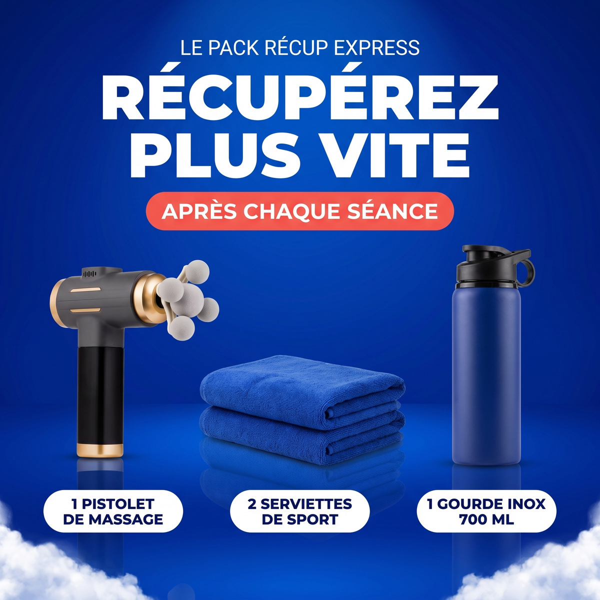 Pack Récup Express : pistolet de massage, 2 serviettes et gourde inox