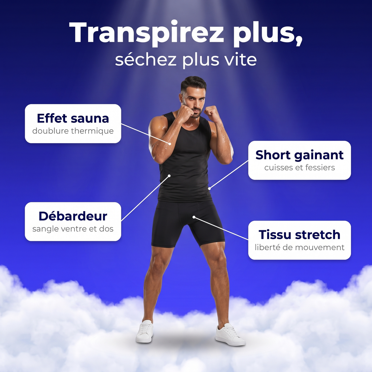 Débardeur et short de sudation homme portés pendant une séance