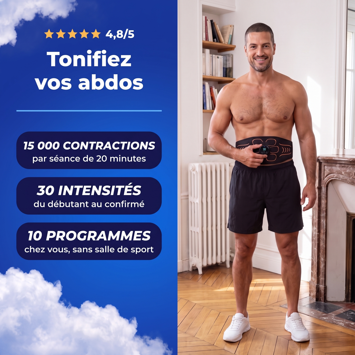 Homme portant la ceinture abdominale EMS chez lui : 15 000 contractions par séance, 30 intensités, 10 programmes