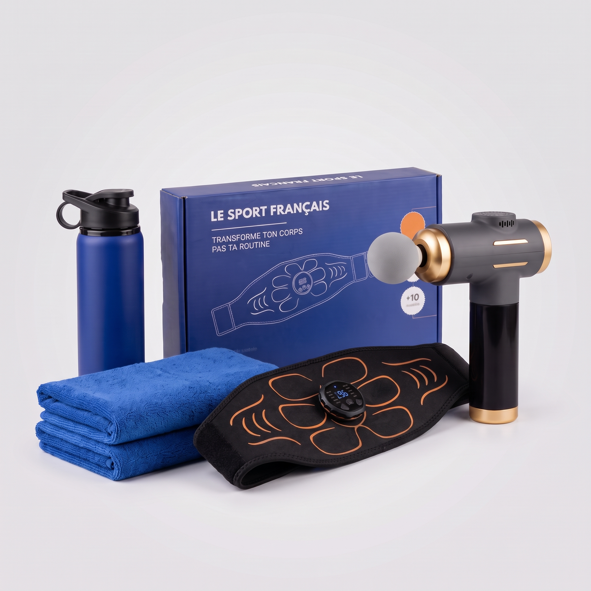 Pack Sport & Récupération Le Sport Français : ceinture abdominale EMS avec sa boîte, pistolet de massage, 2 serviettes de sport et gourde inox 700 ml