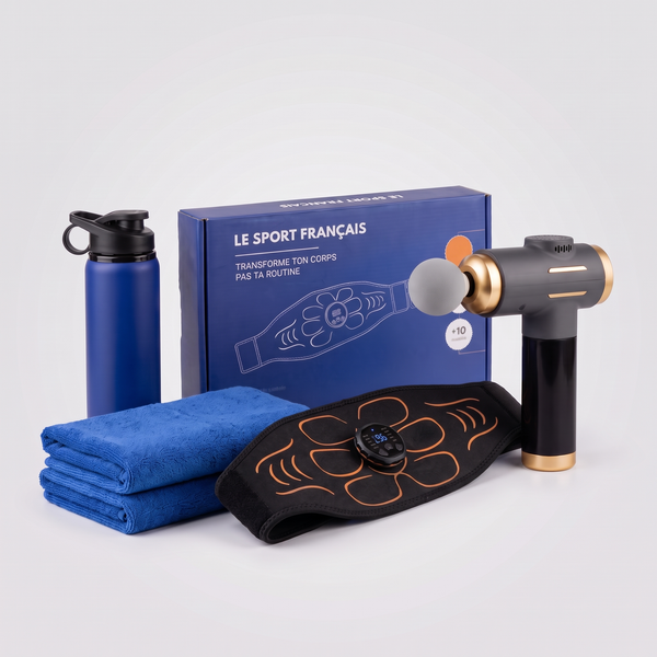 Pack Sport & Récupération Le Sport Français : ceinture abdominale EMS avec sa boîte, pistolet de massage, 2 serviettes de sport et gourde inox 700 ml