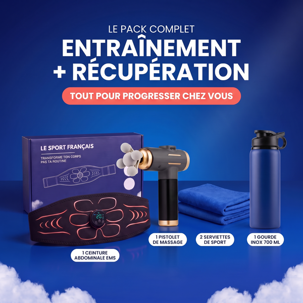 Contenu du pack complet : 1 ceinture abdominale EMS, 1 pistolet de massage, 2 serviettes de sport et 1 gourde inox 700 ml