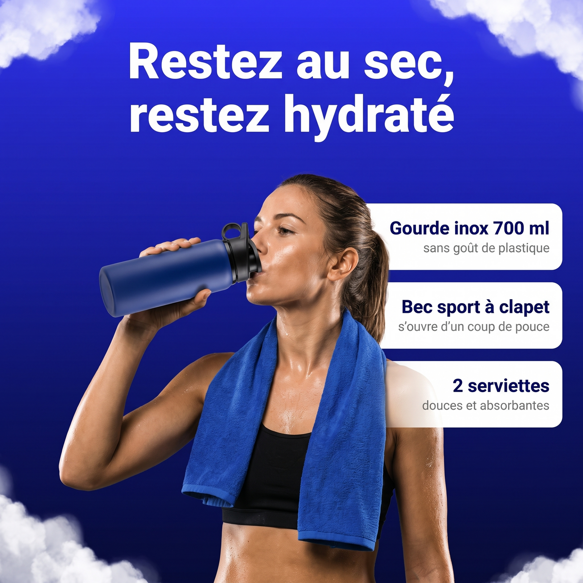 Sportive avec une serviette bleue autour du cou buvant à la gourde inox 700 ml à bec sport