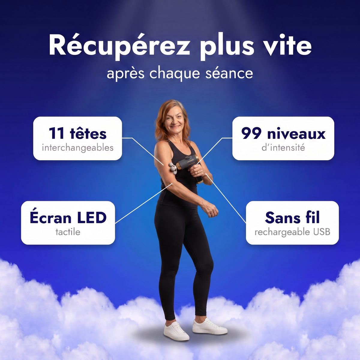 Femme debout massant son bras avec le pistolet de massage après la séance : 11 têtes, 99 niveaux, écran LED, sans fil