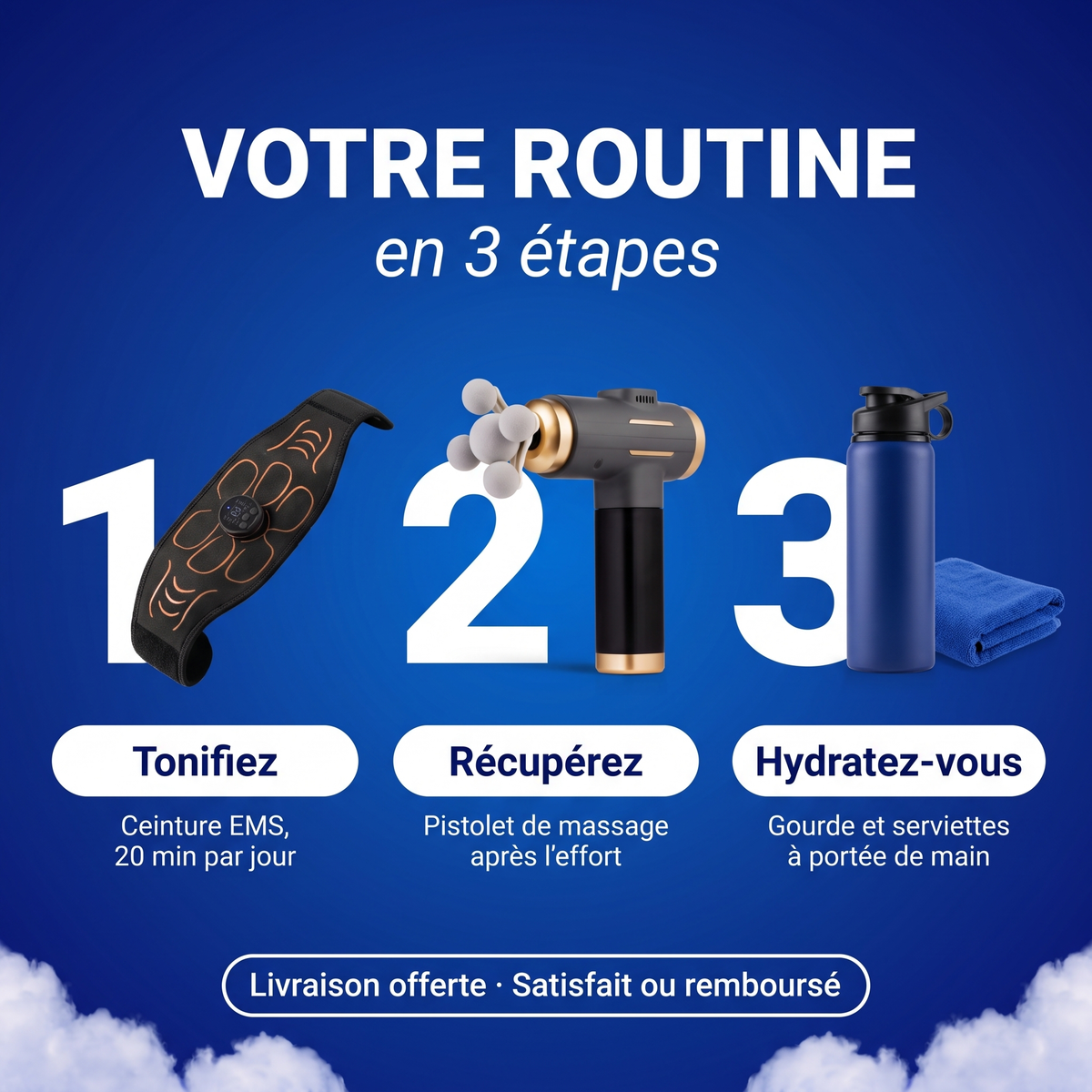 Votre routine en 3 étapes : tonifiez avec la ceinture EMS, récupérez avec le pistolet de massage, hydratez-vous avec la gourde et les serviettes