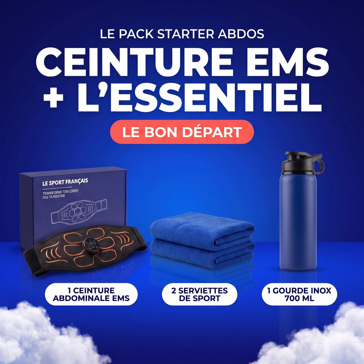 Pack Starter Abdos : ceinture EMS, 2 serviettes et gourde inox