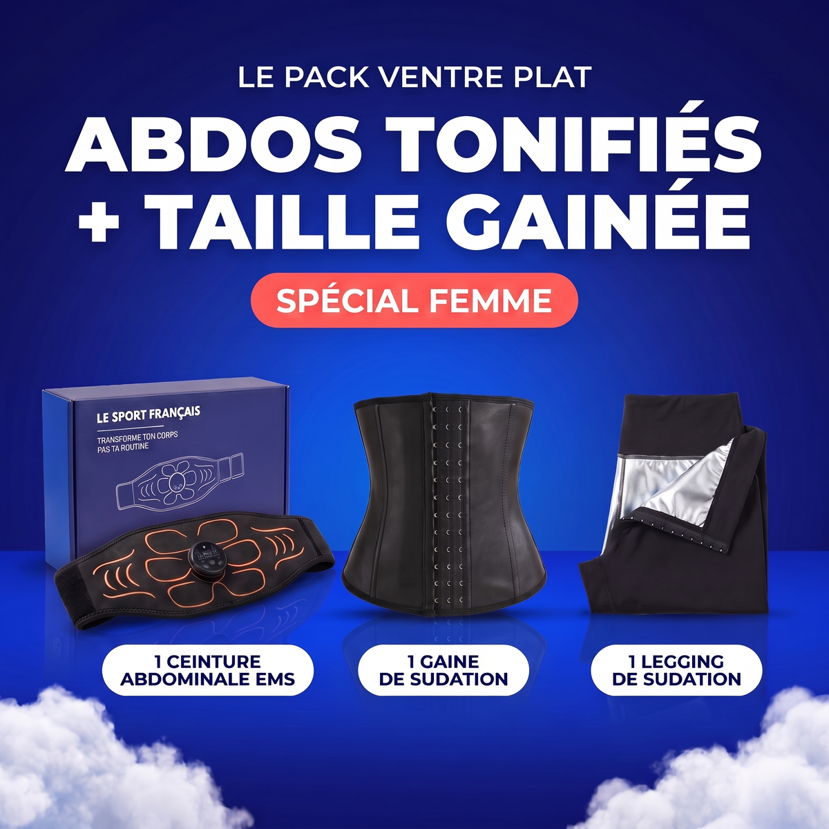 Pack Ventre Plat Femme : ceinture abdominale EMS, gaine et legging de sudation